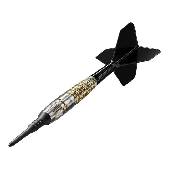 Target Japan Black Marque Warrior Soft Darts - 18,5 g Dies ist der Target Japan Black Marque Warrior Softdart mit einem Gewicht von 18,5 Gramm. Er besitzt ein elegantes Design mit goldenen und silbernen Akzenten sowie schwarzen Flights.