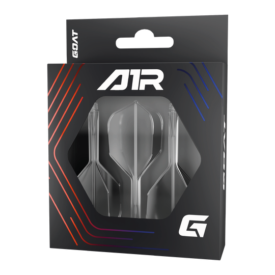 GOAT A1R No6 Flight Shaft-systeem - Helder Die Abbildung zeigt das Produkt "GOAT A1R No6 Flight-Shaft-System - Clear" in einer schwarzen Verpackung mit Sichtfenster. In der Packung sind drei klare Flight-Shaft-Systeme für Dartpfeile zu sehen.