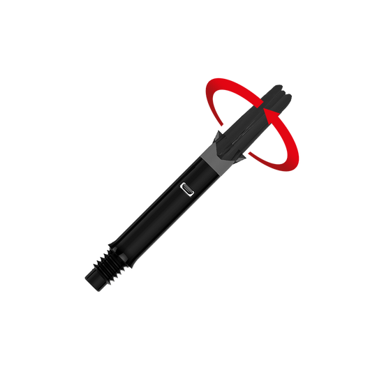 L-L-Style-Shafts Silent Straight - Zwart Das Bild zeigt einen schwarzen, geraden Dart-Schaft ohne Kappen. Ein roter Pfeil deutet eine Drehbewegung am oberen Ende des Schafts an.