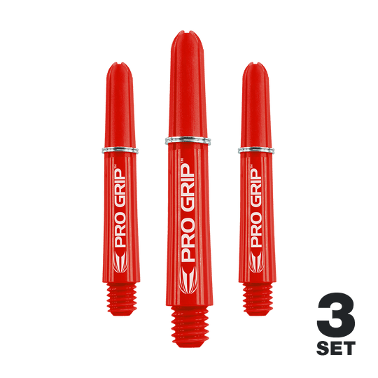 Target Pro Grip Shafts - 3 sets - Rood Das Bild zeigt drei rote Pro Grip Dart-Schäfte, die nebeneinander stehen. In der rechten unteren Ecke steht "3 Set".