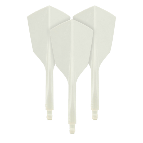 Auf dem Bild sind drei weiße Dartflights aus dem Set "Condor Axe 120 Flight-System White - Narrow" zu sehen. Die Flights haben eine schmale Form und sind miteinander verbunden.