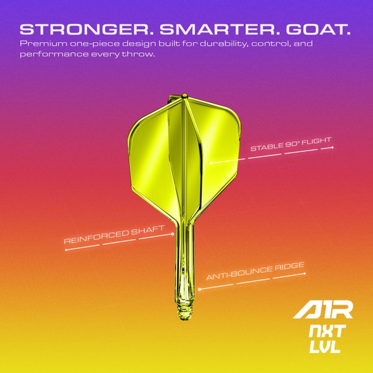 GOAT A1R No6 Flight Shaft System - Neongeel Das Bild zeigt das GOAT A1R No6 Flight-Shaft-System in Neon Gelb aus einer anderen Perspektive. Das Produkt ist für Dartspieler geeignet.