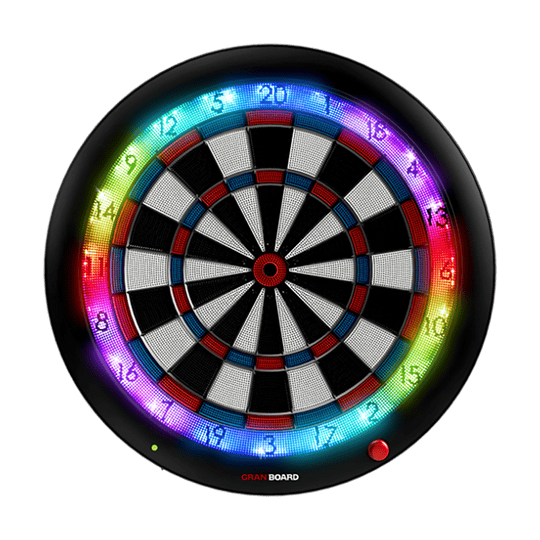 G01260_GranBoard_3S_Blue_LED_Elektronisches_Dartboard_1 Das Bild zeigt das elektronische Dartboard „GranBoard 3S LED“ mit einem leuchtenden LED-Ring. Die Zahlen und Segmente sind deutlich sichtbar und farbenfroh beleuchtet.