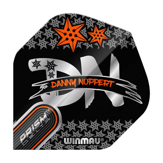 Winmau Prism Delta Danny Noppert Black Signature No2 Standaardvluchten Das Bild zeigt ein Dart-Flight mit dem Namen "Winmau Prism Delta Danny Noppert Black Signature No2 Standard Flights". Auf dem schwarzen Flight sind silberne und orangefarbene Sterne sowie der Name von Danny Noppert in orange geschrieben.
