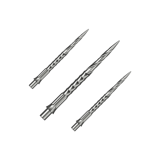 Caliburn System stalen dartpunten - Spiro - NoLip - zilver Das Bild zeigt ein Set aus silbernen Steeldartspitzen. Diese Spitzen sind 32 mm lang und haben ein Spiro NoLip Design.