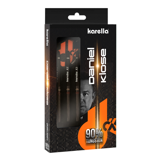Karella Daniel Klose stalen dartpijlen Die Verpackung zeigt die Karella Daniel Klose Steeldarts. Die Darts bestehen zu 90% aus Wolfram.