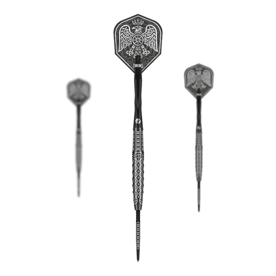 Shot Goths Wulfaz Turbo Point stalen dartpijlen - 23 g Das Bild zeigt das Shot Goths Wulfaz Turbo Point Steeldarts - 23g Set. Alle Teile des Dart Sets sind deutlich zu erkennen.