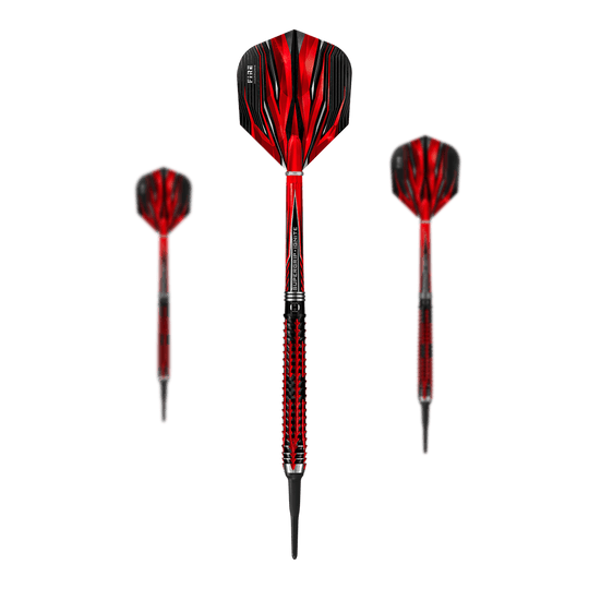 Harrows Fire Inferno zachte pijltjes Das Bild zeigt drei Harrows Fire Inferno Softdarts mit auffälligem rot-schwarzem Design. Die Darts haben spitze Kunststoffspitzen und strukturierte Griffe.