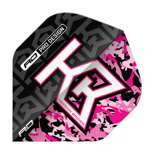 Das Bild zeigt das Produkt "Red Dragon Hardcore Keegan Brown Premium No2 Standard Flights". Das Design ist in Schwarz, Pink und Weiß gehalten und trägt die Aufschrift "Keegan Brown".
