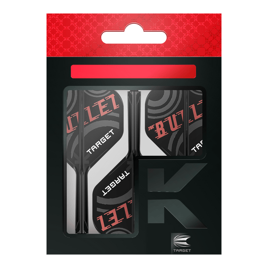 Target K-Flex Stephen Bunting No2 Standaard Vlucht Shaft Systeem Die Abbildung zeigt eine Verpackung der "Target K-Flex Stephen Bunting No2 Standard Flights". Die Flights sind schwarz, weiß und rot gestaltet und tragen die Aufschrift "THE BULLET" sowie "TARGET".