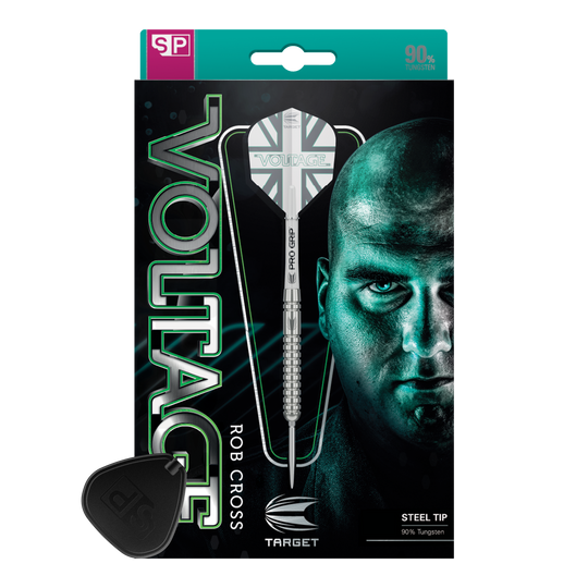 Target Rob Cross Voltage Swiss Point Steel Darts Das Bild zeigt die Verpackung der "Target Rob Cross Voltage Swiss Point Steeldarts". Auf der Verpackung sind ein Dartpfeil und das Gesicht eines Mannes prominent abgebildet.