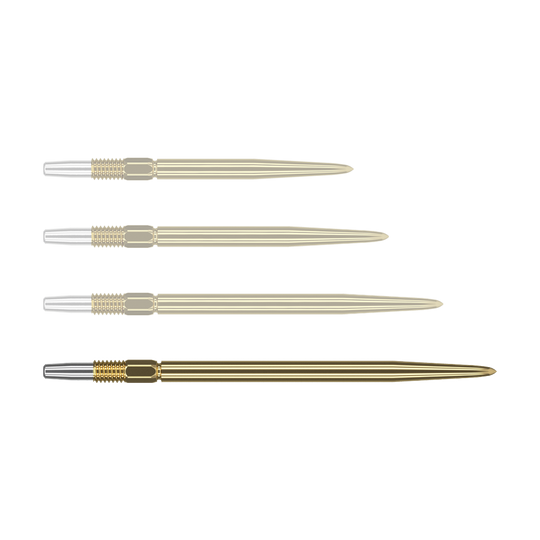 Target Swiss Point Gold darttips Auf dem Bild sind vier goldfarbene Dartspitzen zu sehen, die nebeneinander liegen. Die Spitzen haben einen silbernen Abschnitt am linken Ende und sind ansonsten komplett goldfarben.