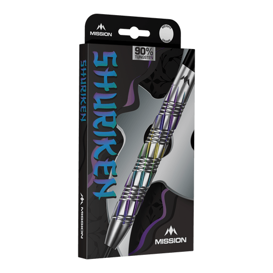 Mission Shuriken stalen pijlen Auf dem Bild sind Mission Shuriken Steeldarts zu sehen. Das Foto zeigt die Steeldarts aus einer anderen Perspektive.