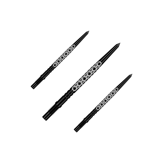 Shot Turbo Point Goths Dartpunten - Zwart Ein Set aus mehreren schwarzen Dartspitzen ist zu sehen. Die Spitzen eignen sich für verschiedene Dartpfeile.