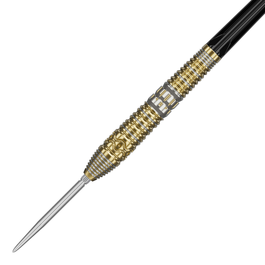 Das Bild zeigt einen Target Japan Hot Shot GEN2 Steeldart mit einem Gewicht von 23g. Der Steeldart hat ein auffälliges Design mit goldenen und silbernen Rillen und Mustern am Barrel.