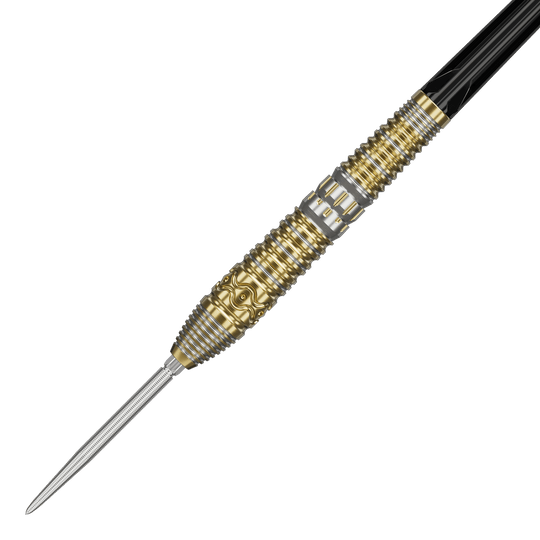 Target Japan Hot Shot GEN2 stalen darts - 23g Das Bild zeigt einen Target Japan Hot Shot GEN2 Steeldart mit einem Gewicht von 23g. Der Steeldart hat ein auffälliges Design mit goldenen und silbernen Rillen und Mustern am Barrel.