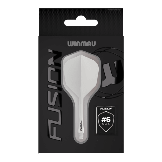 Winmau Fusion Flight Shaft System No6 Massief Wit Das Bild zeigt das Winmau Fusion Flight-Shaft-System No6 Solid White. Es handelt sich um ein weißes Dart-Zubehör.