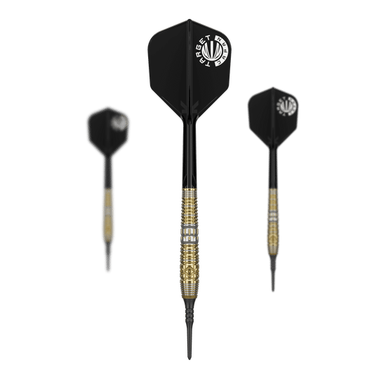 Auf dem Bild sind drei Softdarts des Produkts "Target Japan Hot Shot GEN2 Softdarts - 19g" zu sehen. Die Darts haben schwarze Flights und goldene Griffe mit feinen Gravuren.