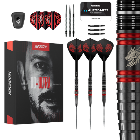 Red Dragon Jonny Clayton RD-ULTRA Switch Point stalen dartpijlen - 22 g Auf dem Bild ist das Produkt Red Dragon Jonny Clayton RD-ULTRA Switch Point Steeldarts - 22g zu sehen. Die Steeldarts befinden sich vor einem weißen Hintergrund.