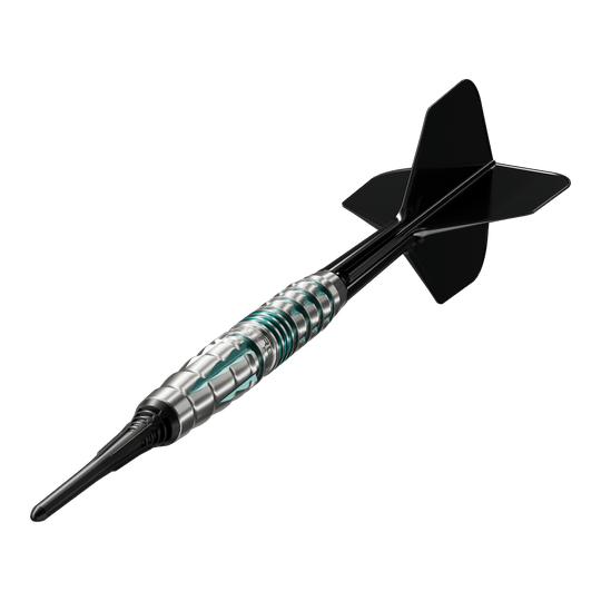 Auf dem Foto ist das Produkt Target Black Marque Pierce Softdarts - 18,5g zu sehen. Diese Darts haben ein elegantes Design und eignen sich ideal für Softdart-Liebhaber.