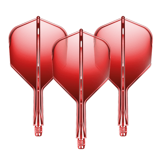 GOAT A1R No6 Flight Shaft System - Rood Auf dem Bild sind drei rote Dart-Flights mit Shafts zu sehen. Sie sind gleichmäßig nebeneinander angeordnet und glänzen leicht.