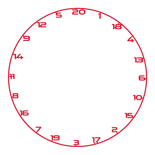 Bullet Dartboard Nummerring Das Bild zeigt einen roten Zahlenring für ein Dartboard. Der Name der Datei ist BT1000120_Bullet_Dartboard_Zahlenring_Rot_1.