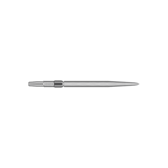 Target Swiss Point Nano Dartpunten - Zilver Das Bild zeigt eine silberne Dartspitze in schlanker, länglicher Form. Die Oberfläche ist fein geriffelt und sieht präzise verarbeitet aus.