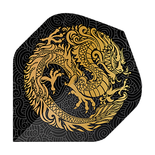 Pentathlon Vluchten Draak zwart Das Bild zeigt die Pentathlon Dragon 2 Standard Flights. Auf schwarzem Hintergrund ist ein goldener Drache kunstvoll dargestellt.