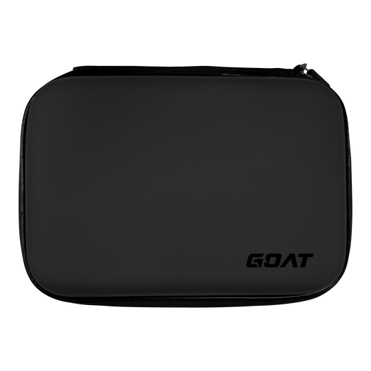Das Bild zeigt eine schwarze rechteckige Tasche mit abgerundeten Ecken. In der unteren rechten Ecke befindet sich das Logo mit der Aufschrift "GOAT".
