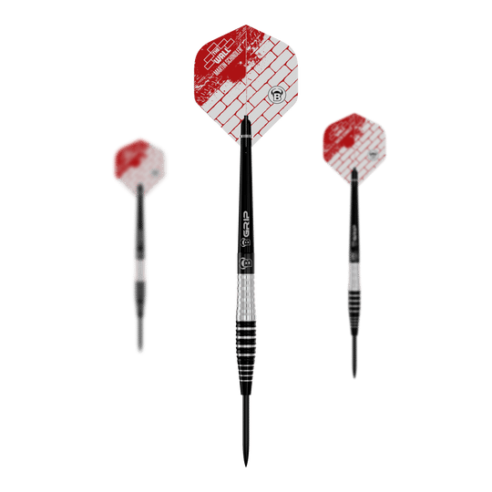Das Bild zeigt drei Steeldarts des Modells "Bulls Martin Schindler Original Generation 3". Die Flights sind weiß-rot mit Ziegelmuster und der Schaft ist schwarz-silbern gestreift.
