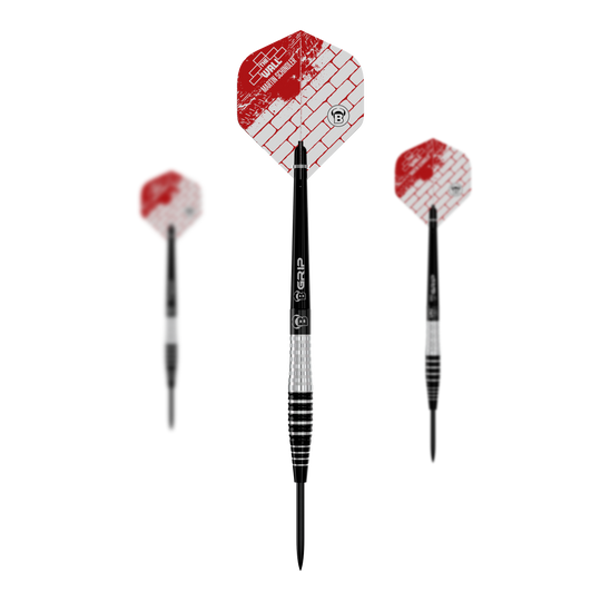 Bulls Martin Schindler Original Generation 3 steel darts Das Bild zeigt drei Steeldarts des Modells "Bulls Martin Schindler Original Generation 3". Die Flights sind weiß-rot mit Ziegelmuster und der Schaft ist schwarz-silbern gestreift.