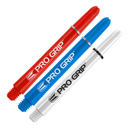 Das Bild zeigt drei Dartschäfte in den Farben Rot, Blau und Weiß. Auf jedem Schaft steht der Schriftzug "PRO GRIP".