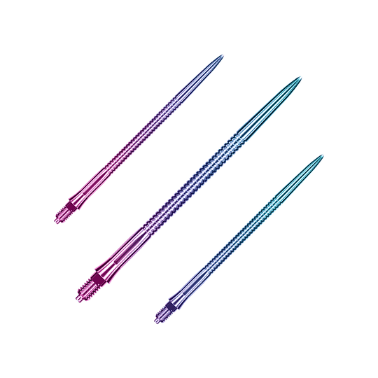 Caliburn EZ-EVO dartpunten - Gegroefd - Regenboog Auf dem Bild sieht man ein Set Caliburn EZ-EVO Dartspitzen mit grooved Rainbow-Optik, 45 mm lang. Die Spitzen zeichnen sich durch ein buntes, geriffeltes Muster aus.