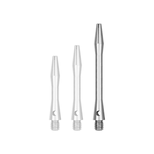519_Aluminium_Shafts_Silber_46mm_1 Das Bild zeigt drei Aluminium-Schäfte in Silber nebeneinander. Die Schäfte haben unterschiedliche Längen und sind zum Einschrauben geeignet.
