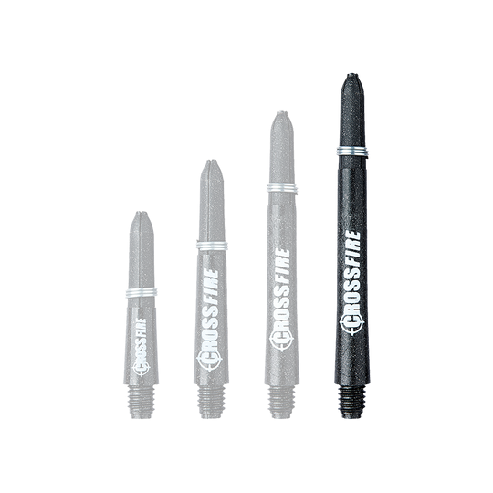 Das Bild zeigt vier unterschiedlich lange RedDragon Crossfire Carbon Fibre Shafts. Sie sind schwarz und tragen den weißen Schriftzug "CROSSFIRE".