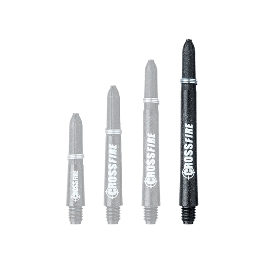 C177_Red_Dragon_Crossfire_Carbon_Fibre_Shafts_48mm_1UrqpquJS7AzEo Das Bild zeigt vier unterschiedlich lange RedDragon Crossfire Carbon Fibre Shafts. Sie sind schwarz und tragen den weißen Schriftzug "CROSSFIRE".