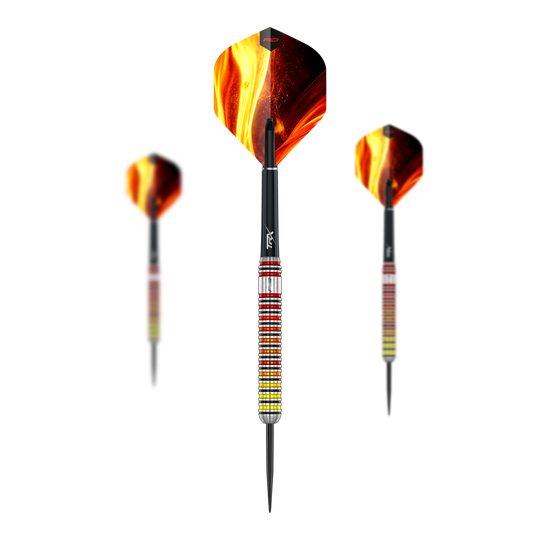 Red Dragon Oven Stalen Darts Hier sehen Sie das Set der Red Dragon Furnace Steeldarts. Die Darts sind in einer geordneten Anordnung dargestellt.