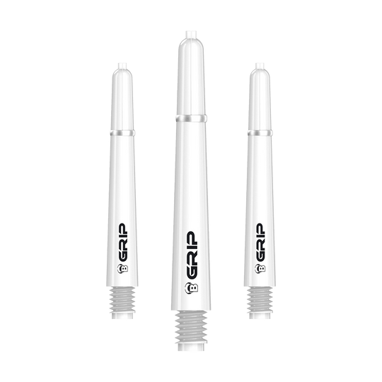 BS55069_Bulls_B-Grip-2_SL_Shafts_Weiss_41mm_1 Das Bild zeigt drei weiße Dartschäfte des Produkts "Bulls B-Grip-2 SL Shafts - Weiß". Auf den Schäften steht das Wort "GRIP" in schwarzer Schrift.