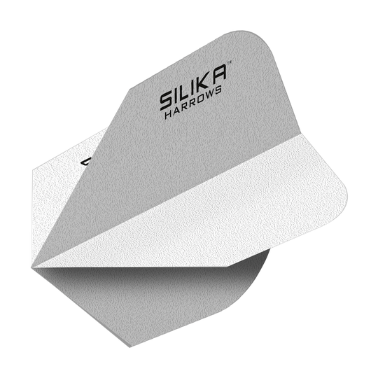 Harrows Silica Solid Tough Crystalline Coating Wit No6 Flights Das Bild zeigt ein weißes Dart-Flight mit der Aufschrift "Silika Harrows". Das Flight hat eine solide, strukturierte Oberfläche und ist speziell für hohe Haltbarkeit entwickelt.