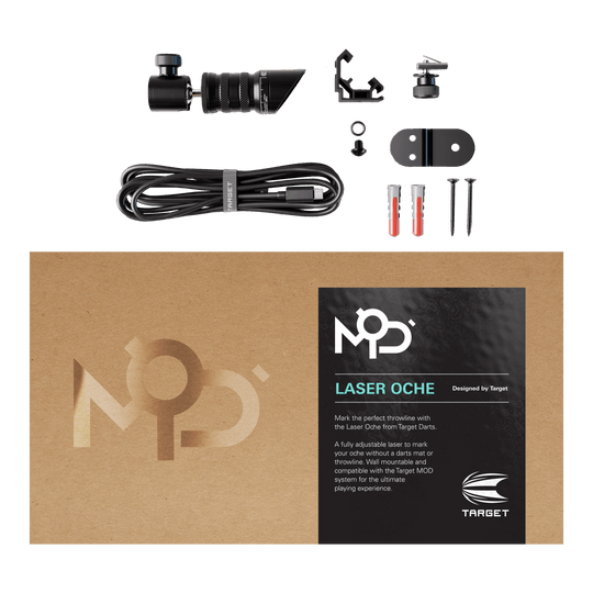 Target MOD Laser Oak Das Bild zeigt das Produkt „Target MOD Laser Oche“ mit allen enthaltenen Teilen, wie Kabel, Schrauben und Montagematerial. Die Verpackung liegt im Vordergrund und trägt die Produktbezeichnung sowie eine kurze Beschreibung.