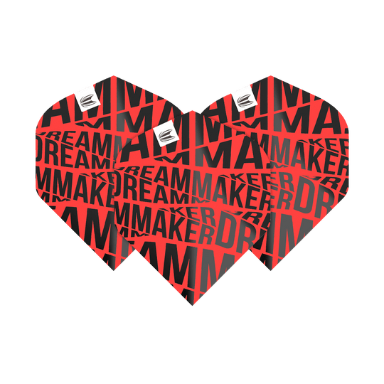 TG82_336580_Target_Pro_Ultra_Dimitri_Van_Den_Bergh_Red_No2_Standard_Flights_1QDLvxvr0Ulrxq Das Bild zeigt die Target Pro Ultra Dimitri Van Den Bergh Red No2 Standard Flights. Die Flights sind rot-schwarz und mit dem Schriftzug „DREAM MAKER“ bedruckt.