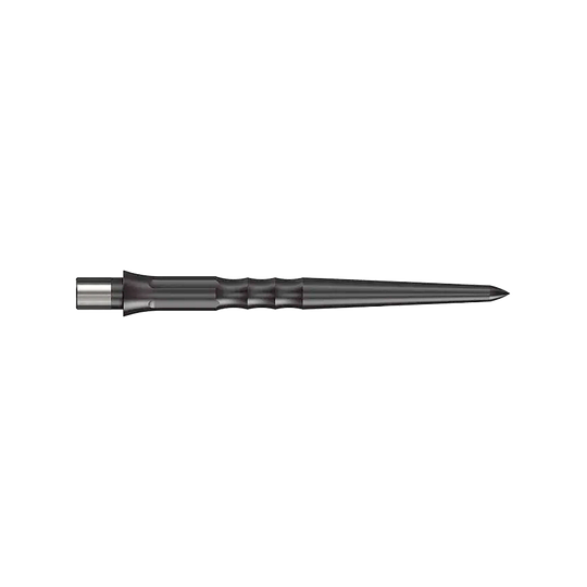Das Bild zeigt eine schwarze Steeldartspitze mit Riffelung. Die Spitze ist 28 mm lang und hat kein Lip-Ende.