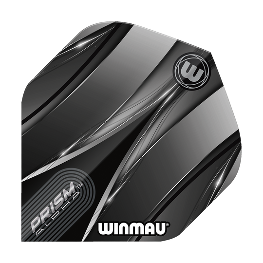Winmau Alpha Sniper Black standaardvluchten Das Bild zeigt einen Winmau Alpha Sniper Black Standard Flight für Darts. Das Design ist überwiegend schwarz und silber mit stilisierten Linien und dem Winmau-Logo.