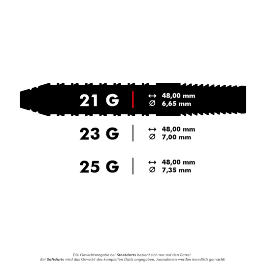 190054_Target_Bolide_02_Swiss_Point_Steeldarts_5_21g Das Bild zeigt die technischen Daten der Target Bolide 02 Swiss Point Steeldarts in drei verschiedenen Gewichten. Die Darts sind in 21 g, 23 g und 25 g erhältlich, jeweils mit einer Länge von 48 mm und unterschiedlichen Durchmessern.