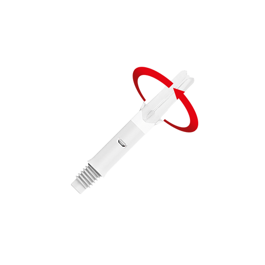 L-L-Style-Shafts Silent Straight - Wit Das Bild zeigt einen weißen Dartshaft ohne Kappen. Ein roter Pfeil deutet eine Drehbewegung an der Spitze des Shafts an.