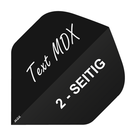 MD-400_2-Seitig_Bedruckte_Flights_Wunschtext_MDX_Schwarz_Standard_1 Das Bild zeigt ein schwarzes Dartflight mit der Aufschrift "Text MDX" und "2-SEITIG". Es handelt sich um ein individuell bedruckbares Produkt im MDX Standard.