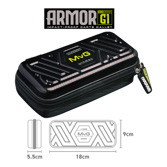Hier ist das Winmau Armor G1 Michael Van Gerwen Dartwallet abgebildet. Die Tasche schützt und transportiert Darts sicher.