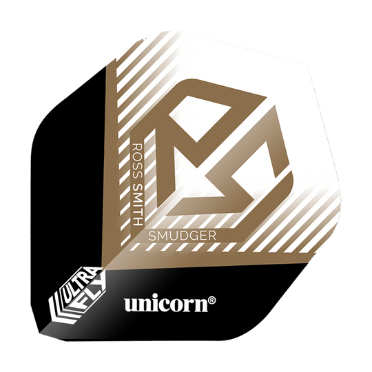 Unicorn Ultrafly 100 Ross Smith Smudger AR1-vluchten Das Bild zeigt einen Dartflight mit der Aufschrift „ROSS SMITH SMUDGER“ und einem goldenen Logo auf weißem Hintergrund. Unten befinden sich die Markenbezeichnungen „ultrafly“ und „unicorn“.
