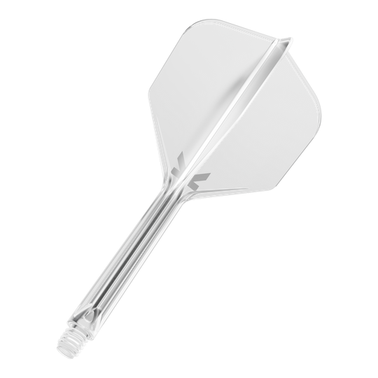 Target K-Flex No6 Vluchtsysteem - Helder Das Bild zeigt einen transparenten Dart-Flug mit Schaft vor schwarzem Hintergrund. Das Produkt wirkt modern und klar gestaltet.