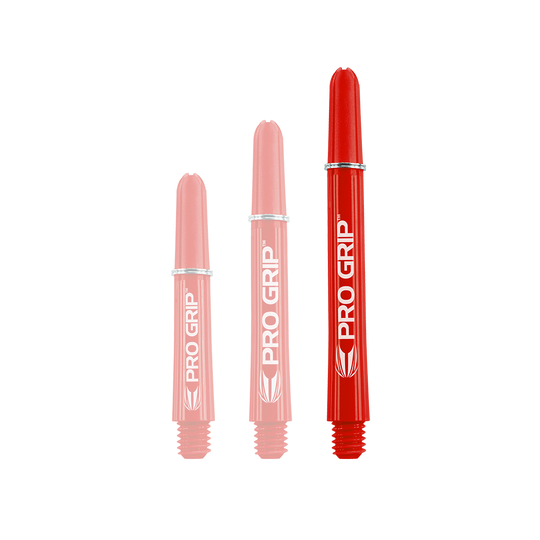 Das Bild zeigt drei rote PRO GRIP Shafts in unterschiedlichen Längen. Sie stehen nebeneinander auf weißem Hintergrund.